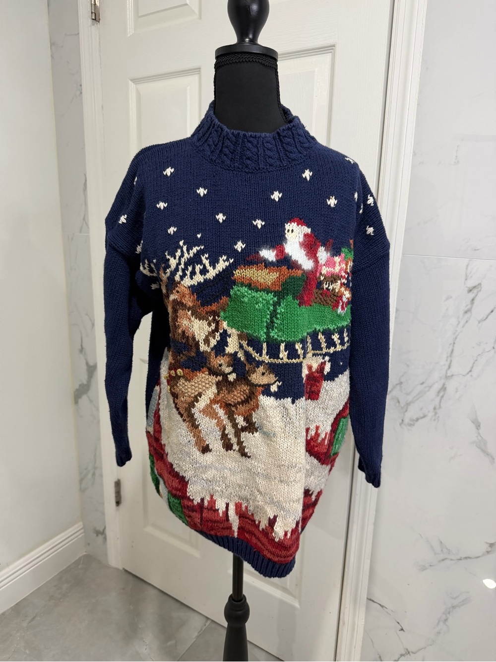 Vintage Kim Rogers Christmas crewneck Sweater with Santa, Reiders and sled.
